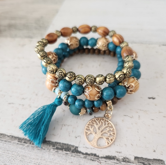 Jewelry - NWT Set of Four Boho Stackable Bracelets - Tree of Life - Turquoise